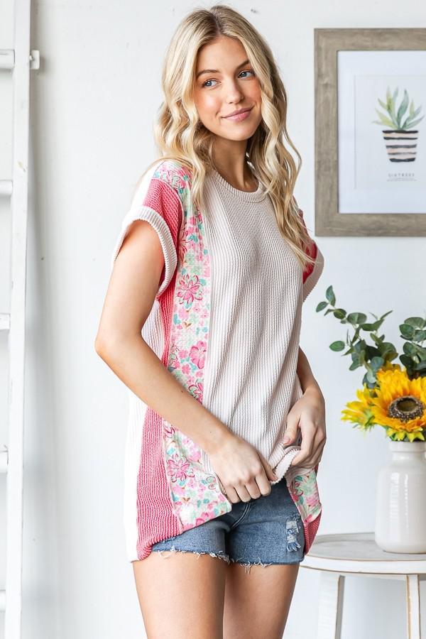 Short Sleeve Solid And Floral Top