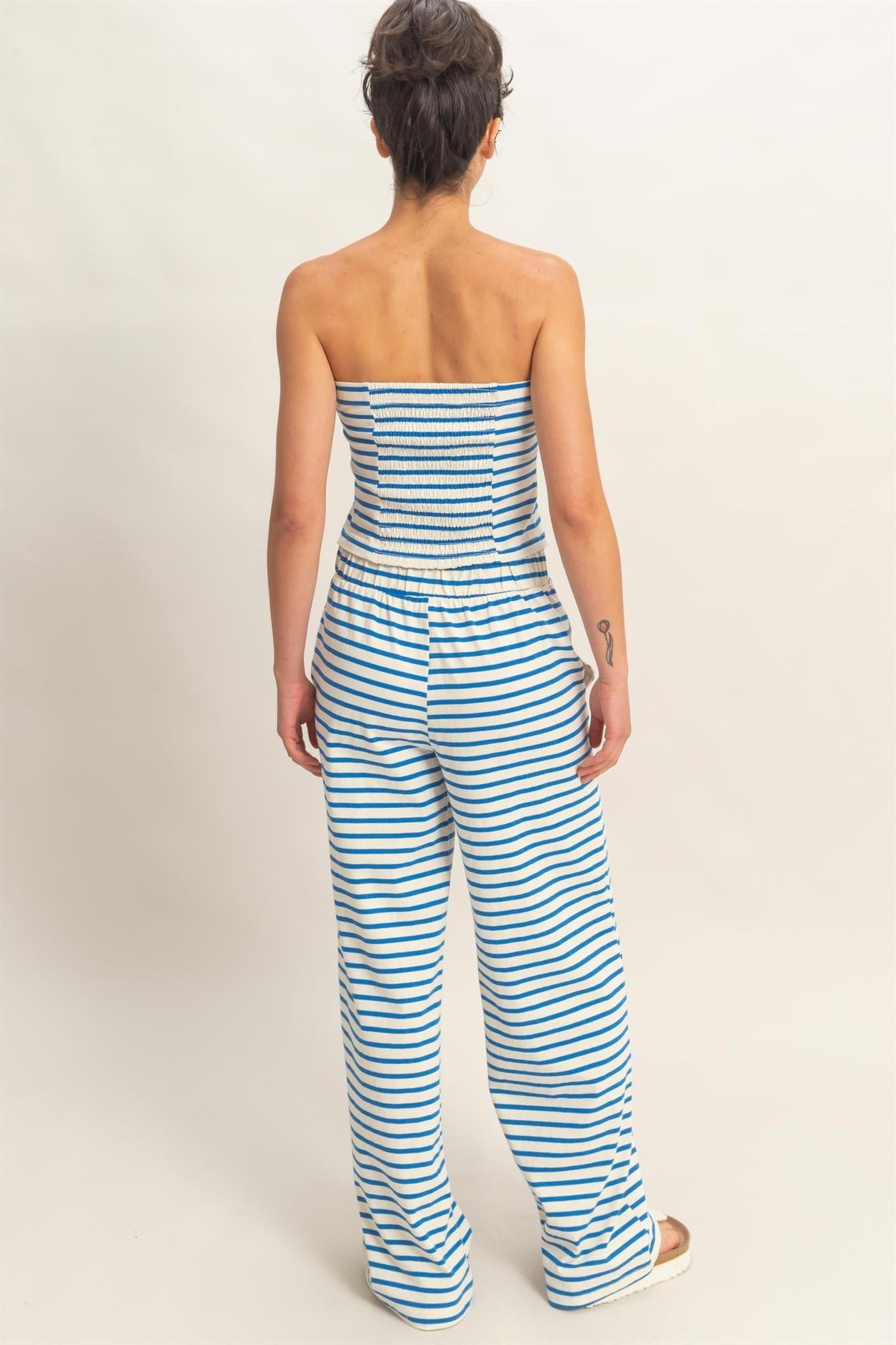 Blue Striped Jersey Tube Top And Pants Set