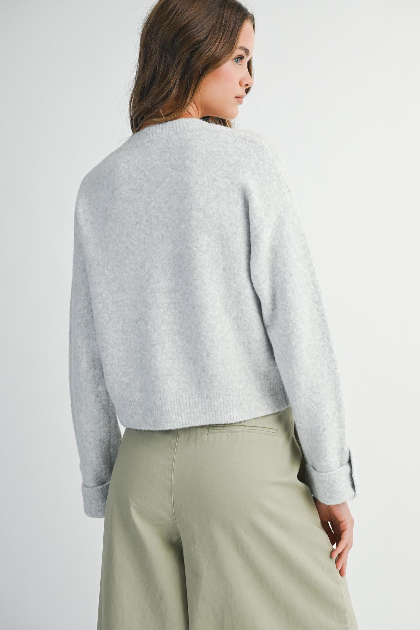 Grey Crew Neck Knit Sweater w/ Front Pockets