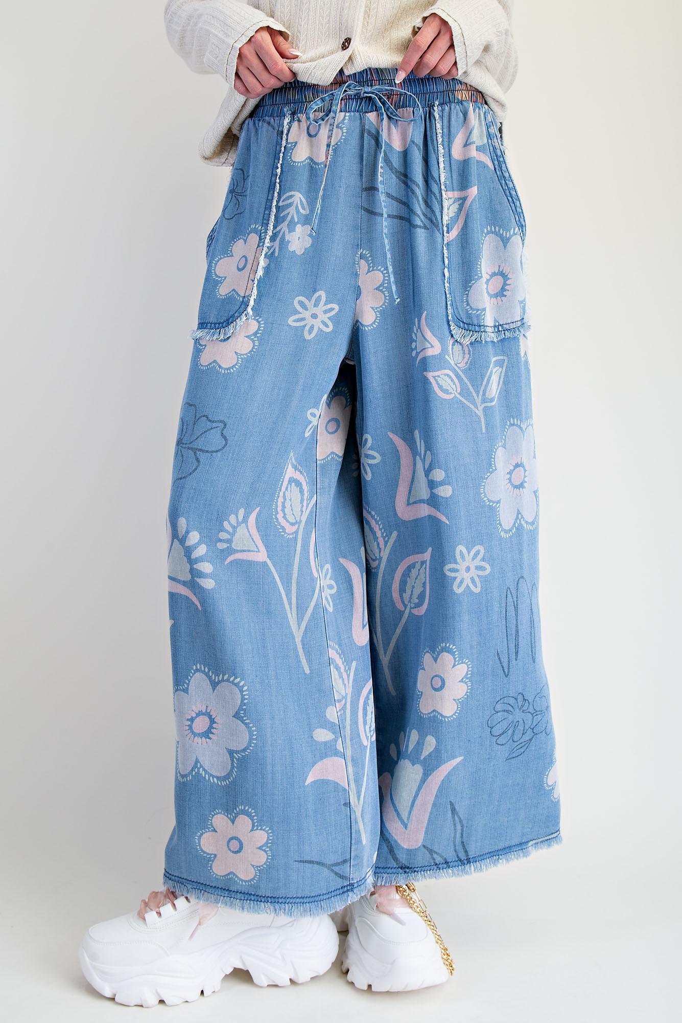 Floral Print Washed Chambray Pants