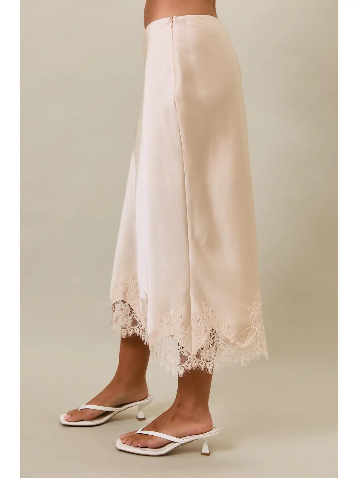 Cream Lace Trim Bias Cut Midi Skirt