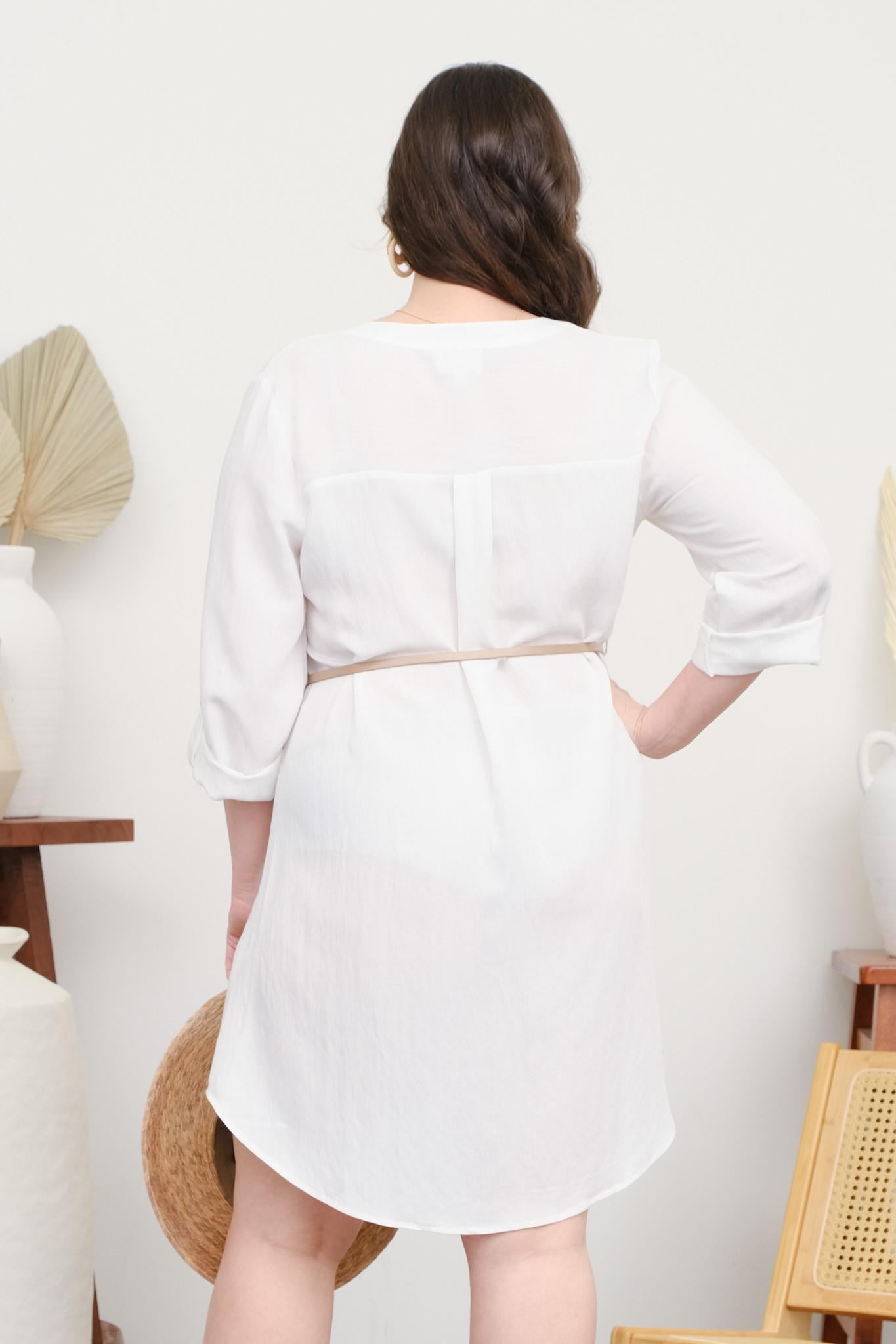 PLUS 3/4 Sleeve Belted Mini Dress