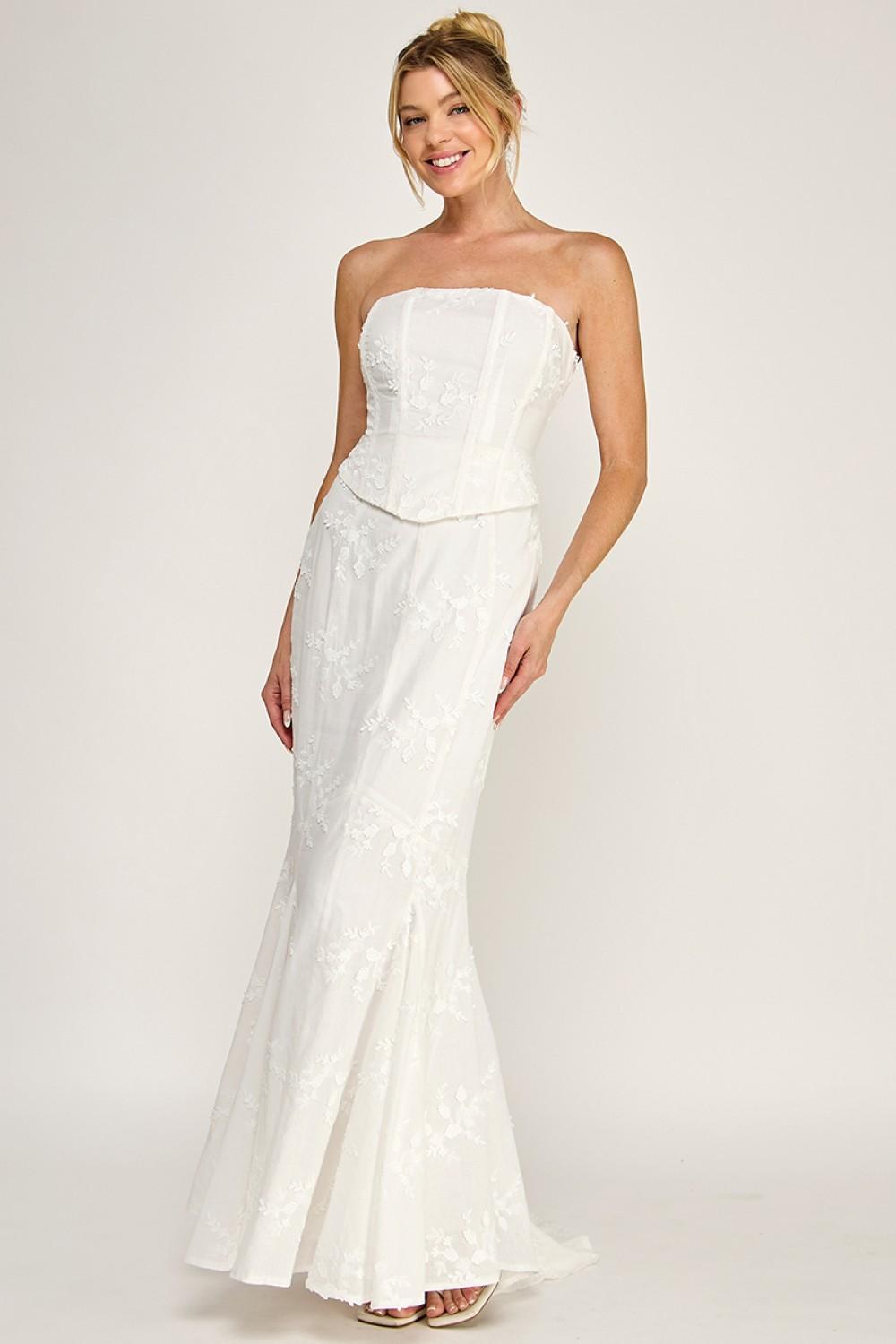 IVORY EYELET STRAPLESS CORSET LACE- UP MAXI DRESS