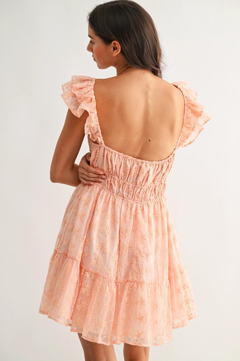 Chiffon Flutter Embroidered Sleeve Mini Dress - Coral
