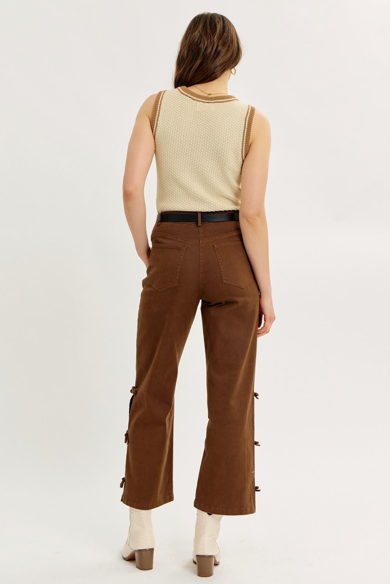 Garment Washed Side Bow Detail Western Pants