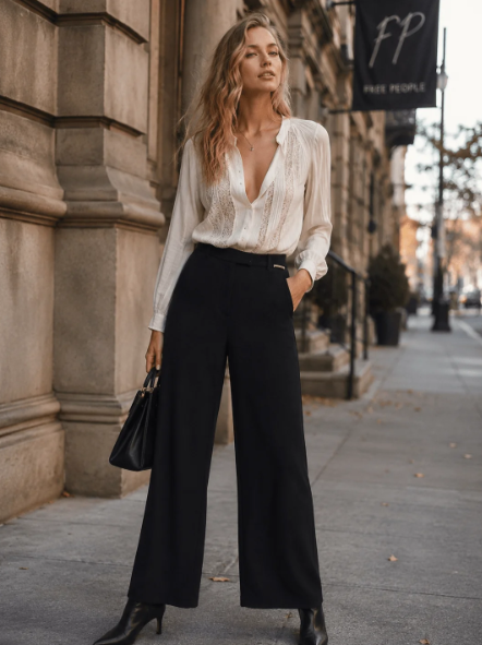 BLACK BUTTON CLOSURE WIDE LEG PANTS
