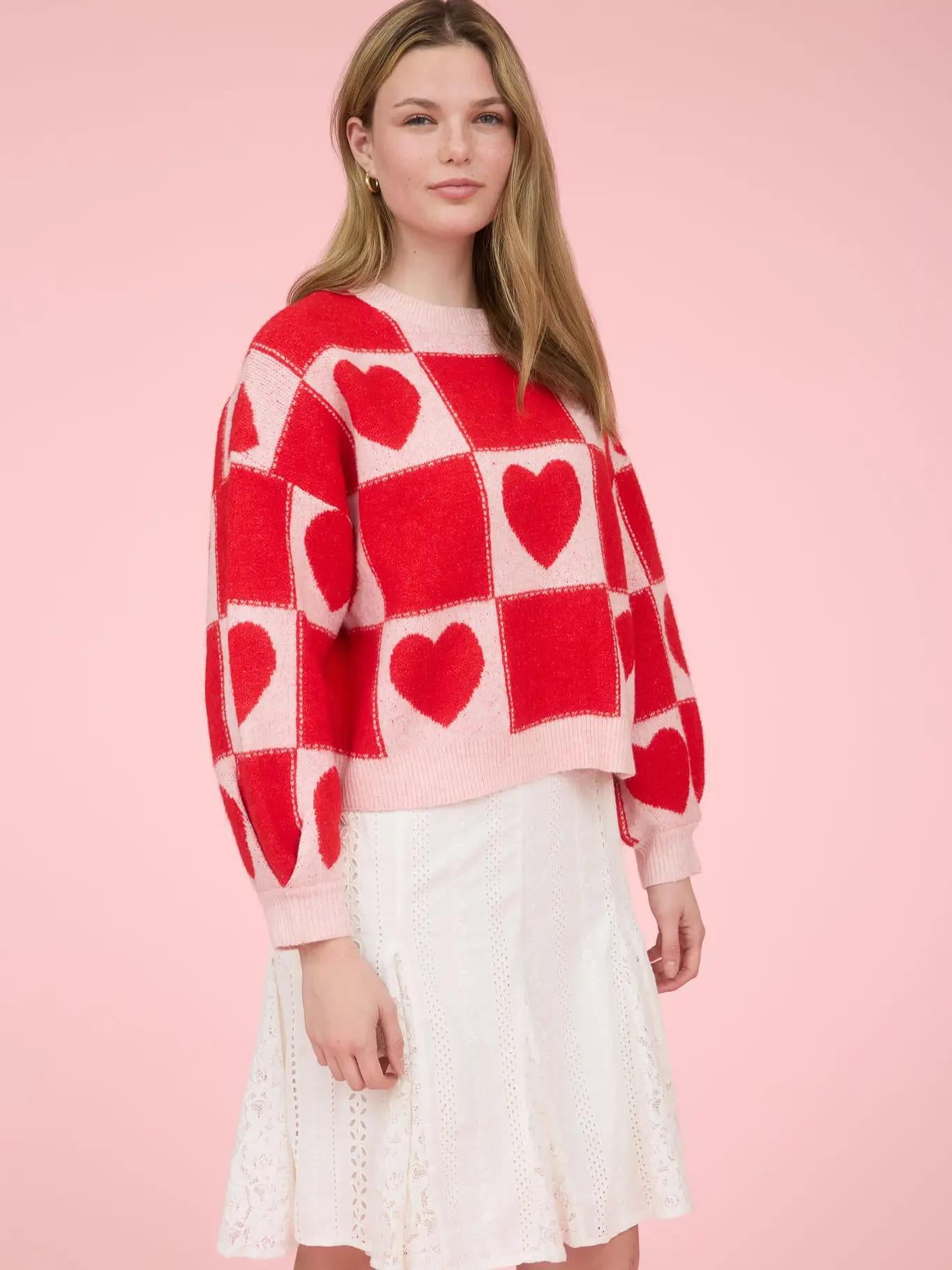 Red Heart Checkered Pattern Crew Neck Knit Sweater