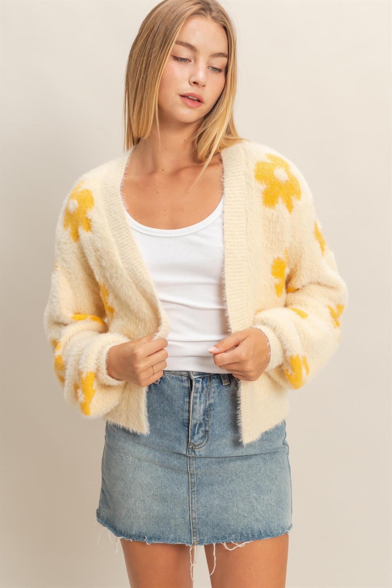 Yellow Floral Pattern Fuzzy Sweater Cardigan