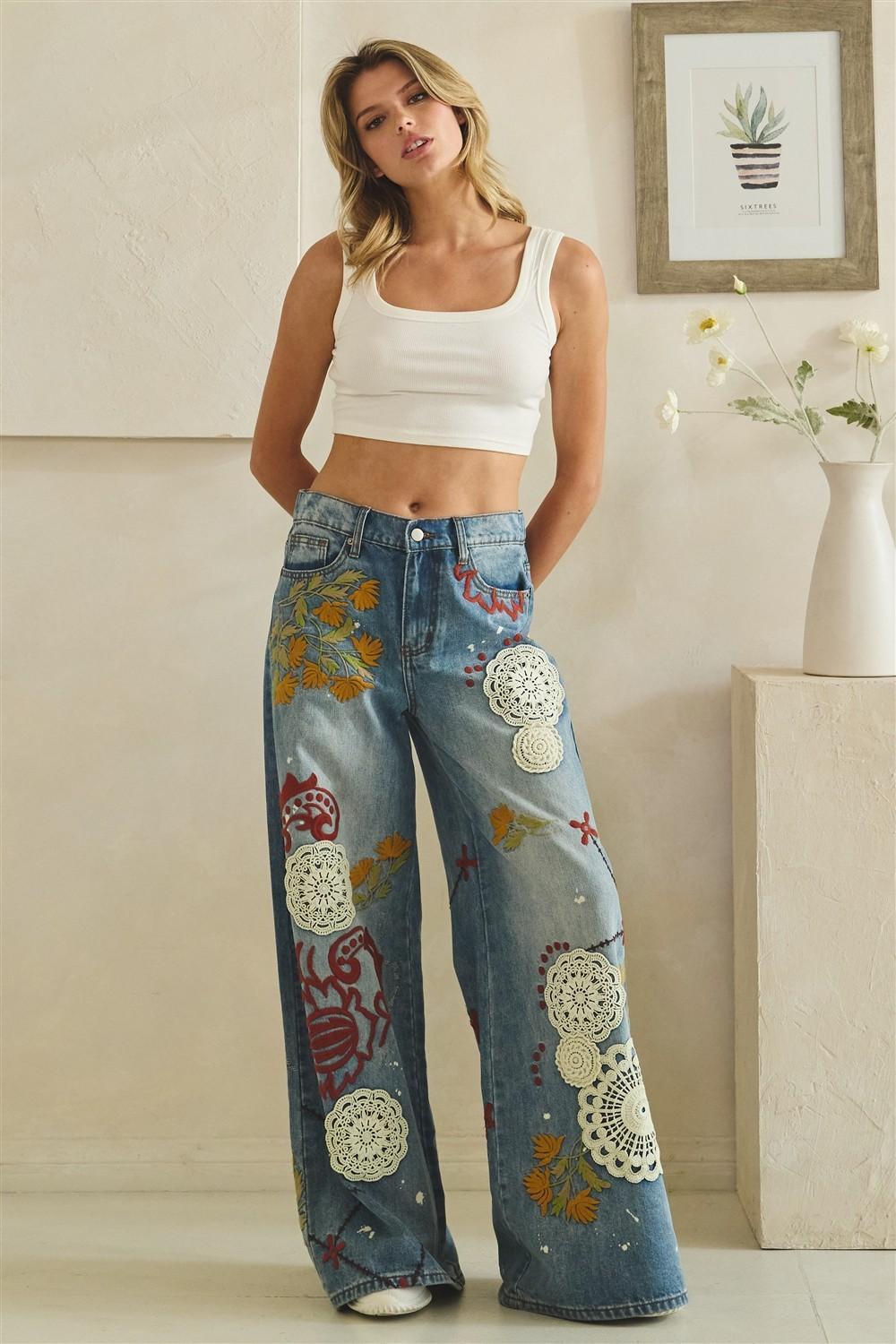 Washed Embroidery Wide Leg Denim Pants