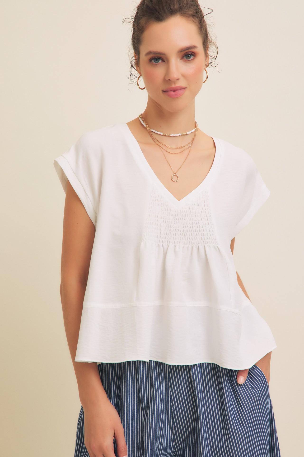Flowy Oversized Blouse With Smocked Detail - White