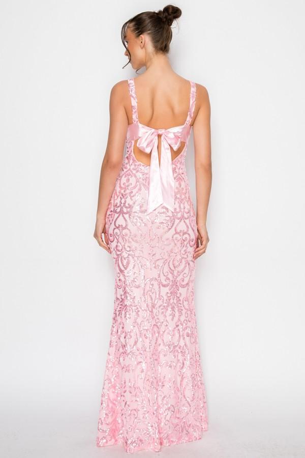Sequin V-neck Satin Bow Maxi Dress - Pink