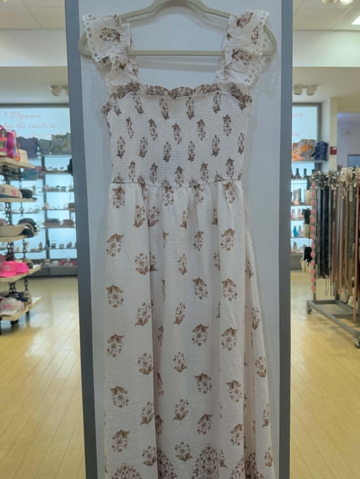 LIGHT BROWN FLORAL BORDER HEM TRIM SMOCKED MIDI DRESS