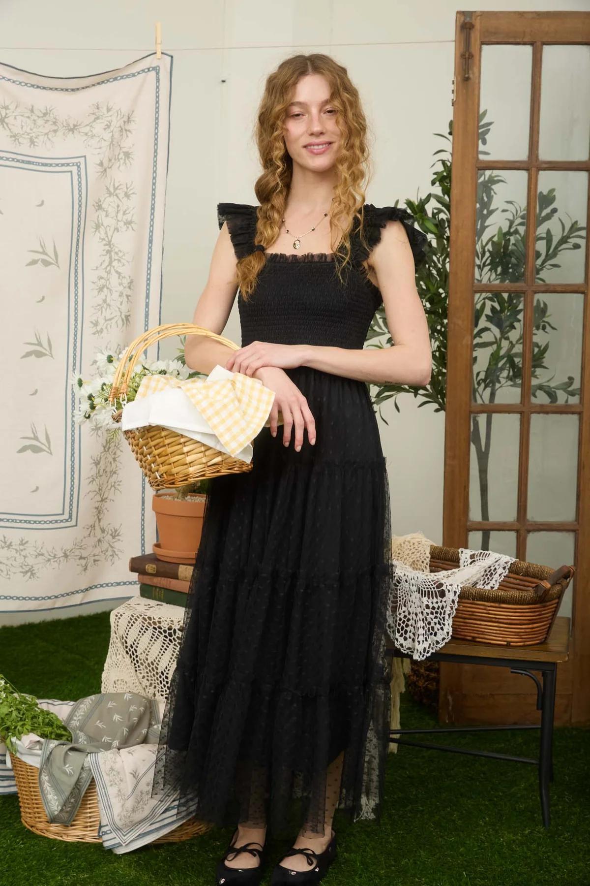 BLACK POLKA DOT CHIFFON SMOCKED TIERED MIDI DRESS