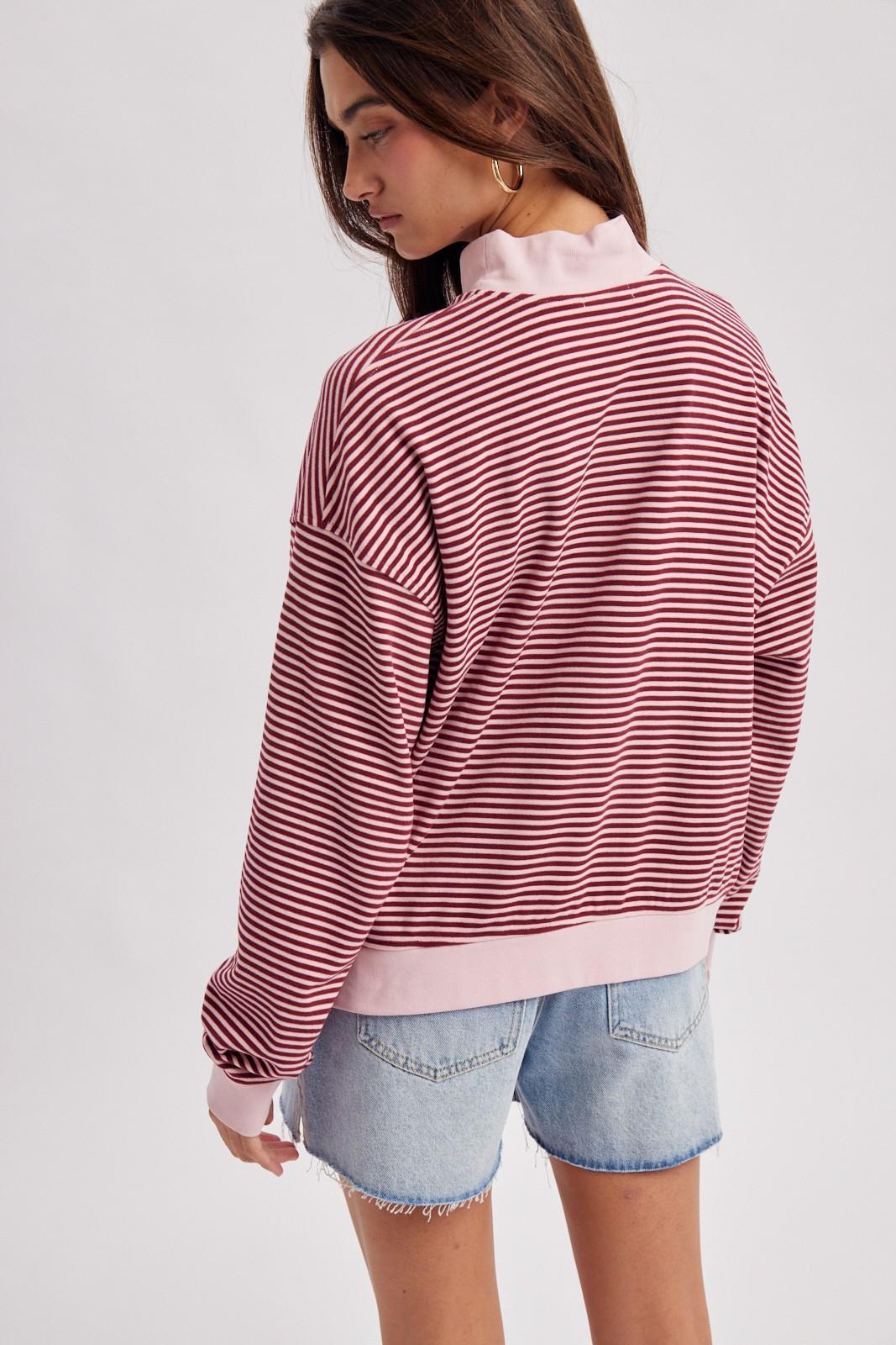 Pink/Burgundy Striped Mock Neck Knit Top
