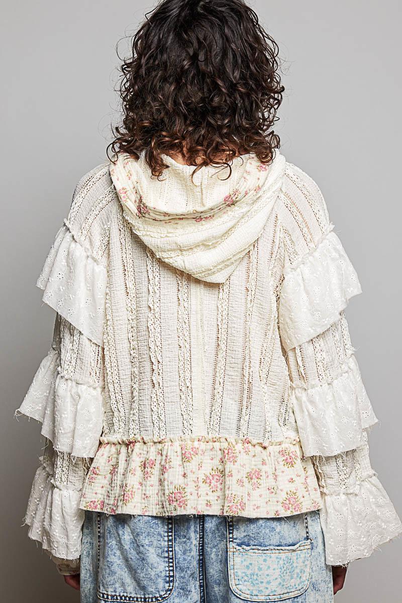 Eyelet Ruffle Natural Hoodie Top