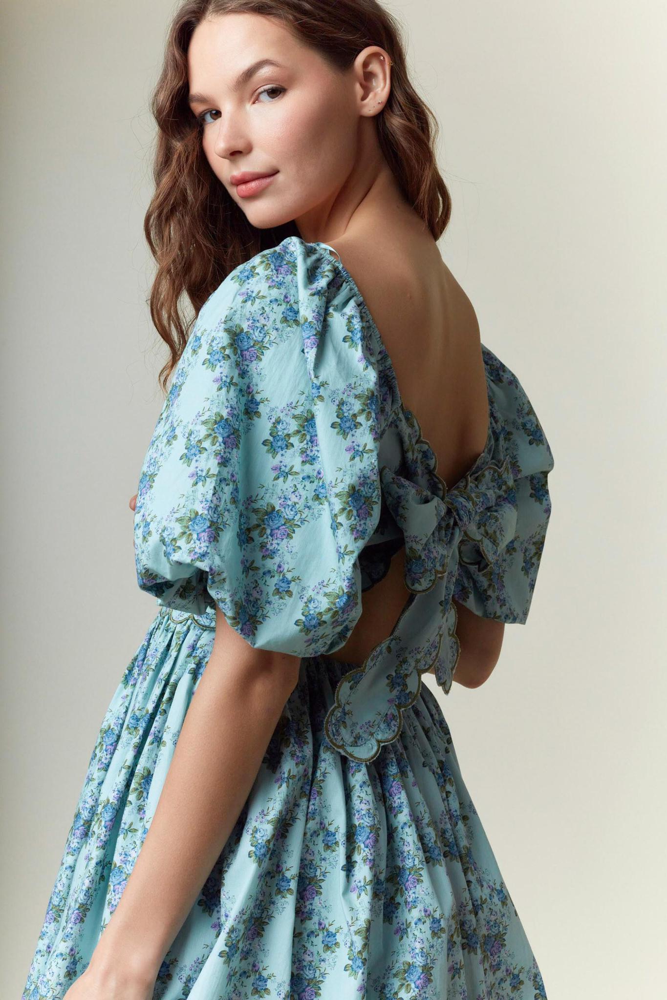 Emerald Floral Printed Scallop Embroidery Mini Dress