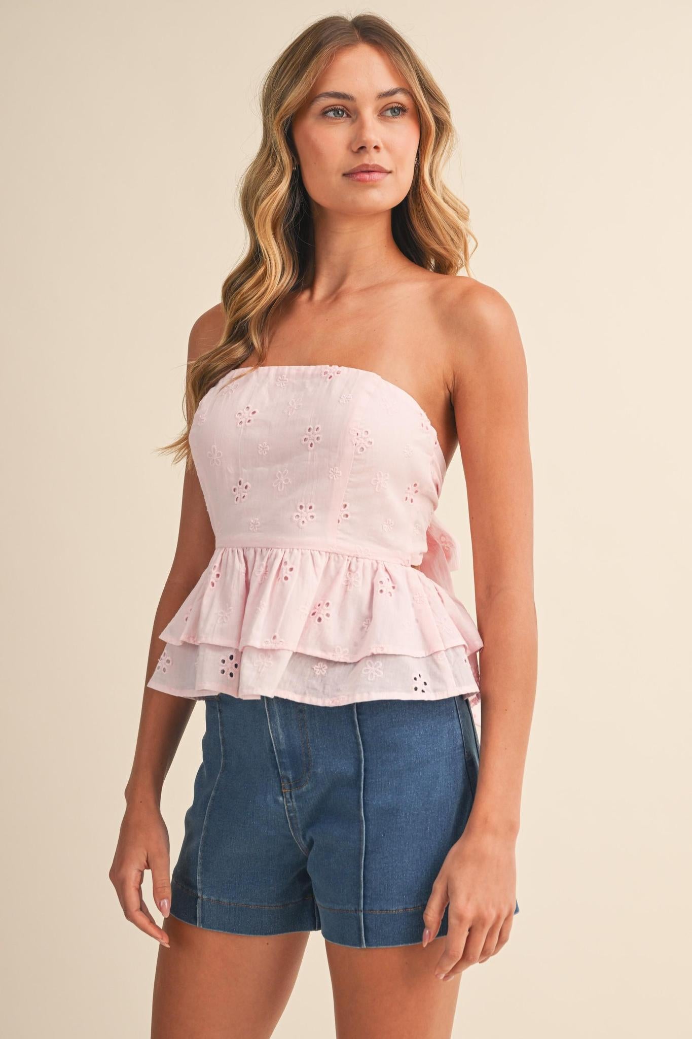 Eyelet Tiered Peplum Back Tie Top