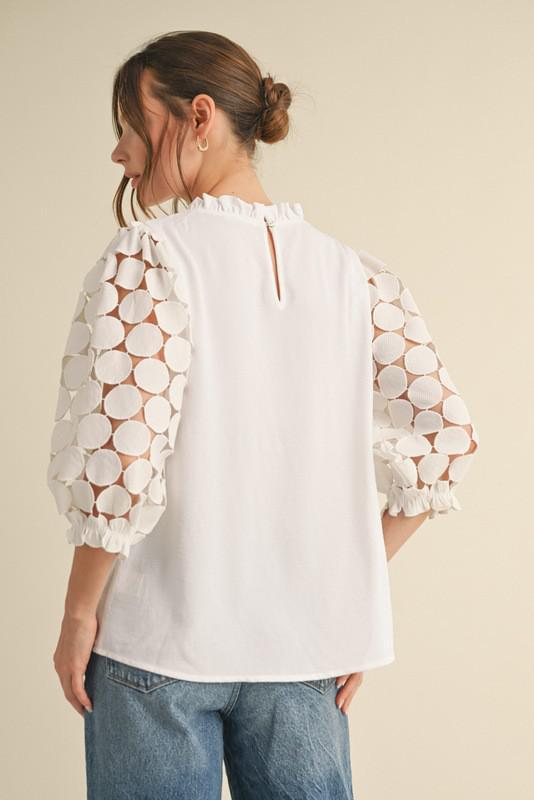 White Dot Textured Lace Sleeves Top