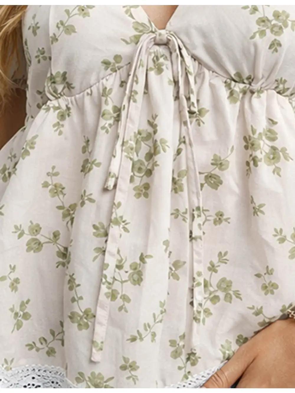 Ladies Floral Print Babydoll V-Neck Lace Trim Short Sleeves Top