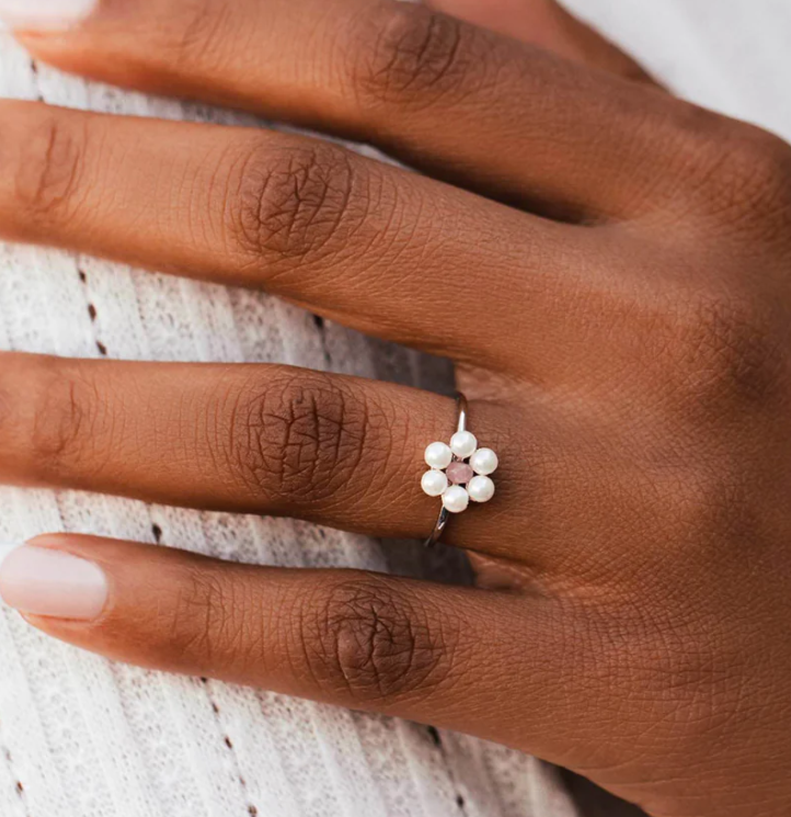 Silver Bitty Pearl Flower Ring
