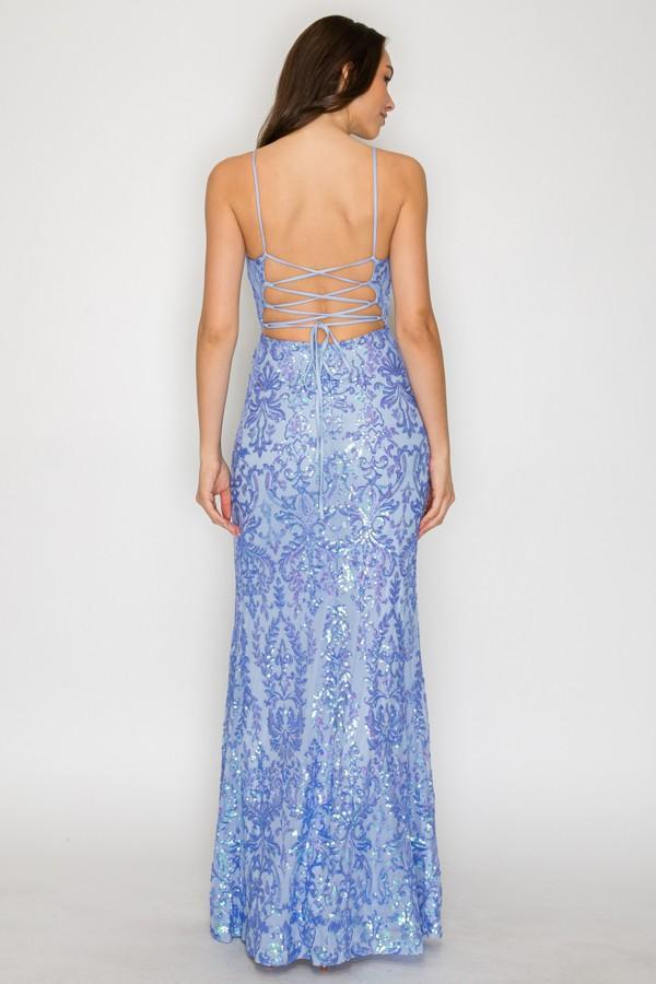 Periwinkle Holo Sequin Scoop Neck Mermaid Maxi Dress