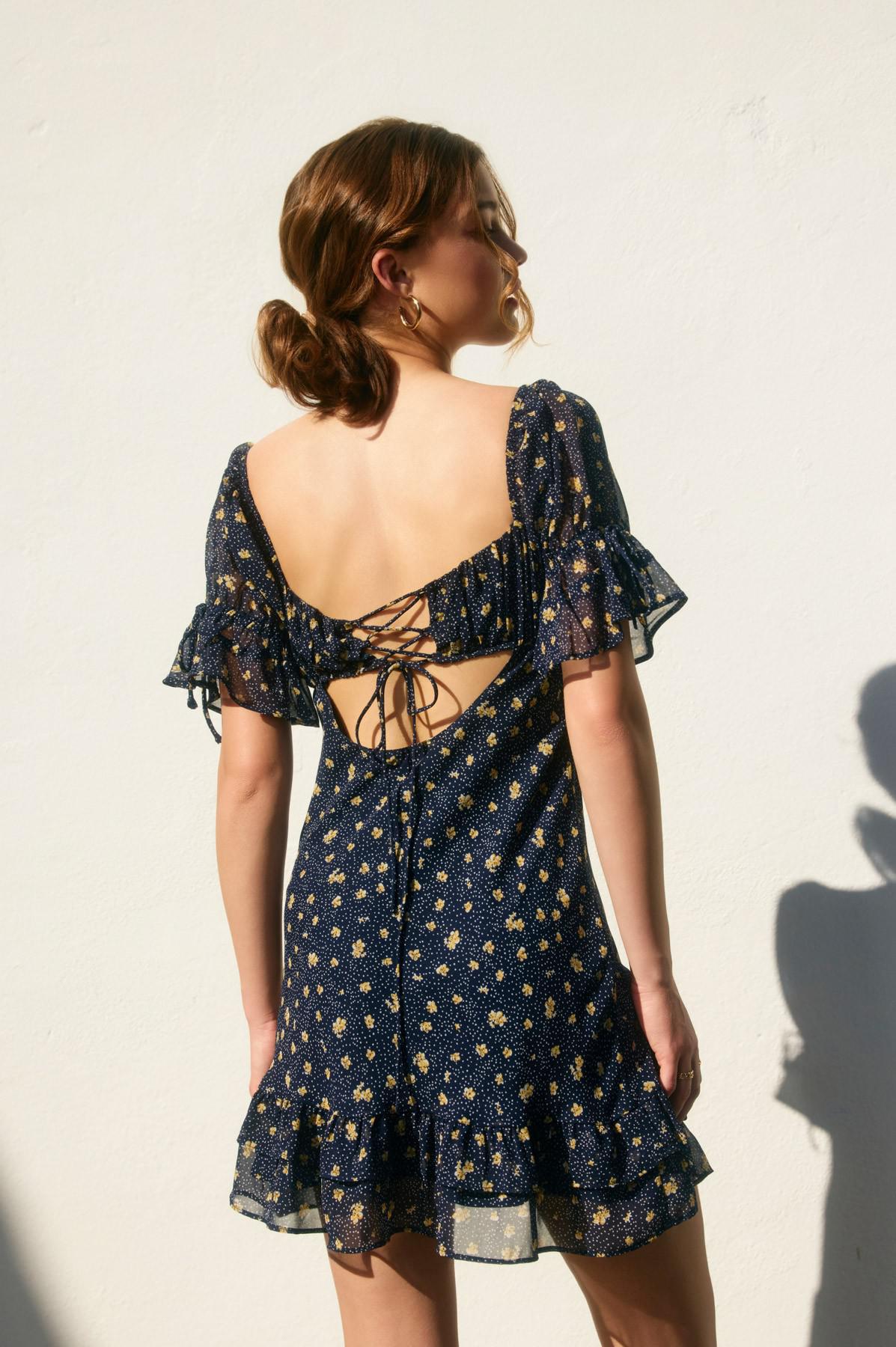 Dot And Floral Tie Front Dress