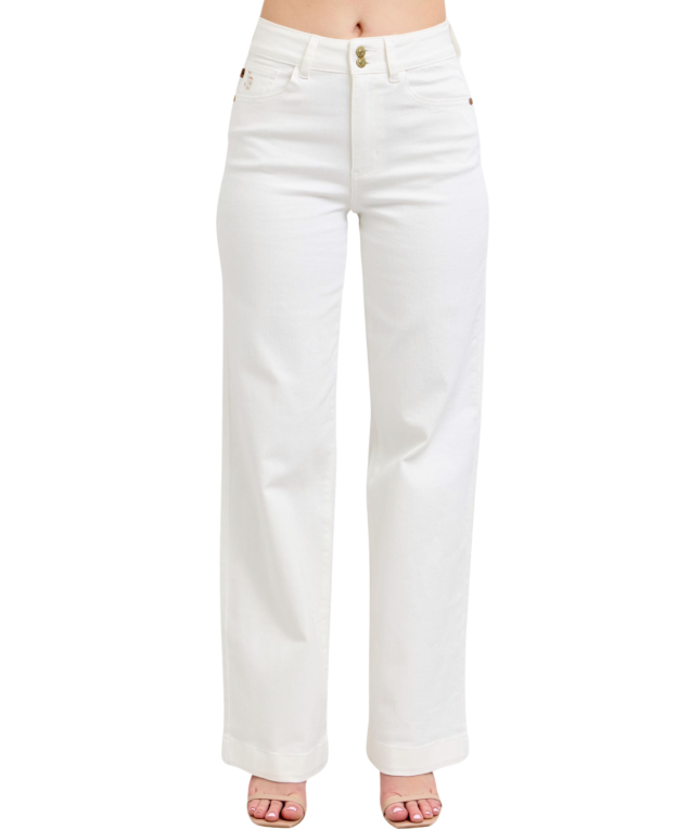 Judy Blue HW Double Button White Wide Trousers