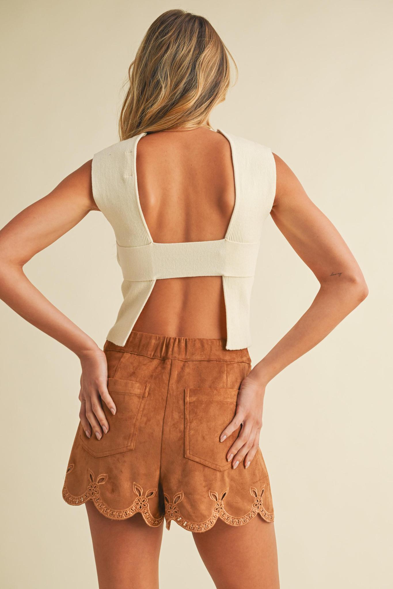 Cream Sleeveless Knit Open Back Top