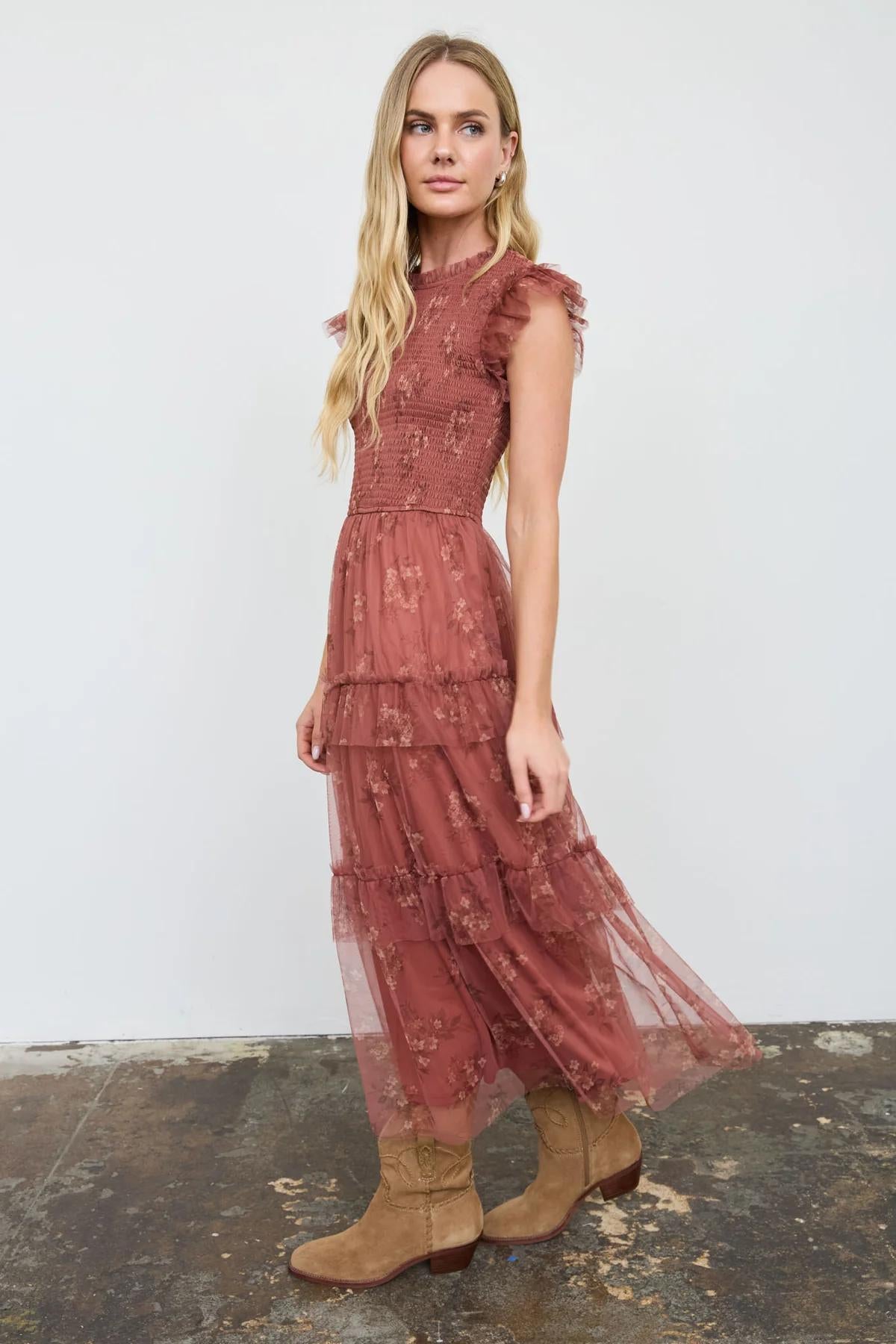 TERRACOTTA SMOCKED RUFFLE TIERED FLORAL MIDI DRESS