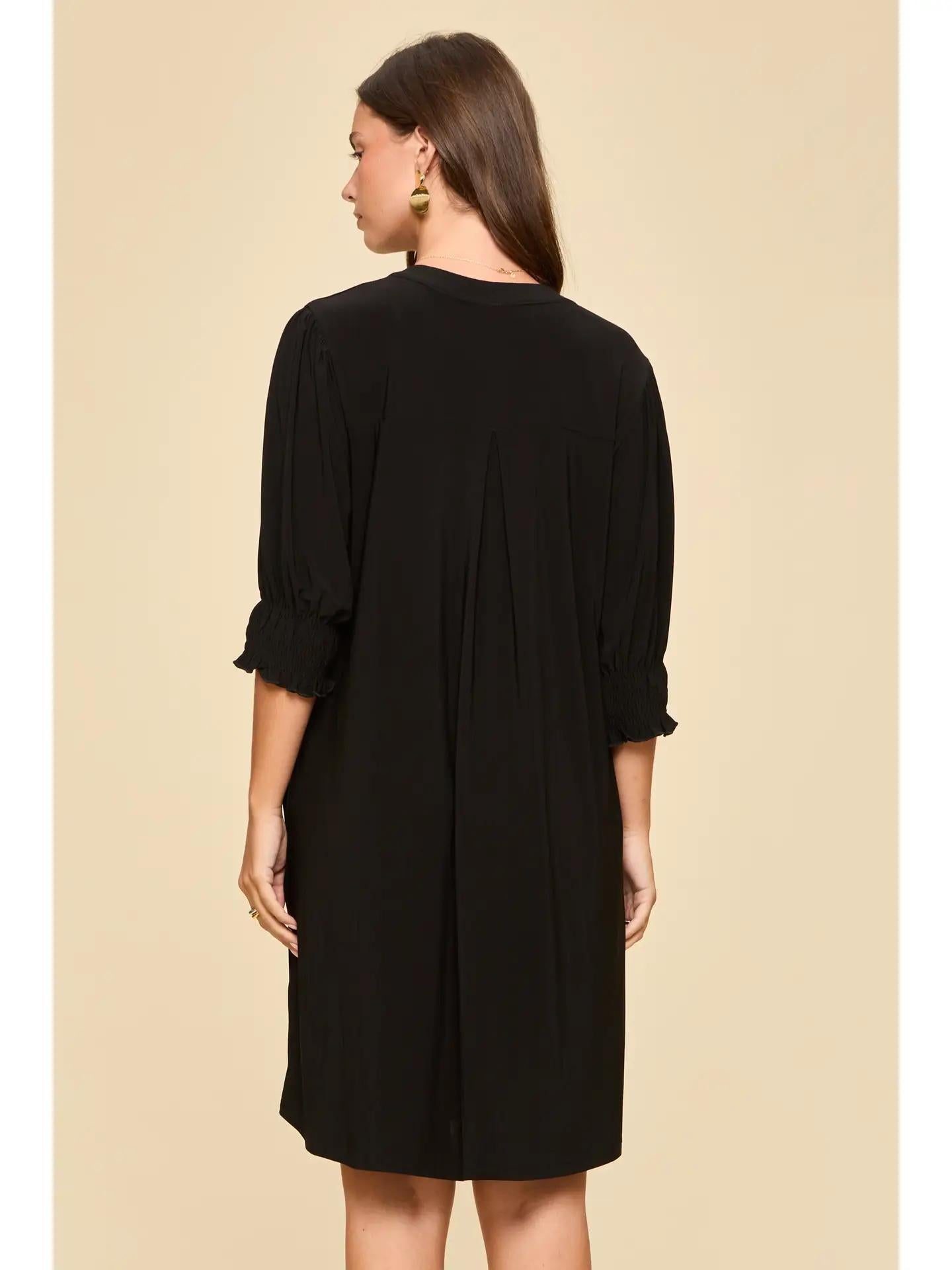 Black Smocked Sleeve Lizzy Collar Shirt Dress
