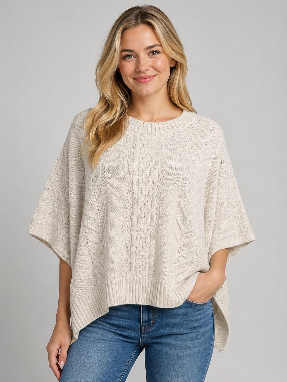 Oatmeal Cable Knit Poncho Sweater