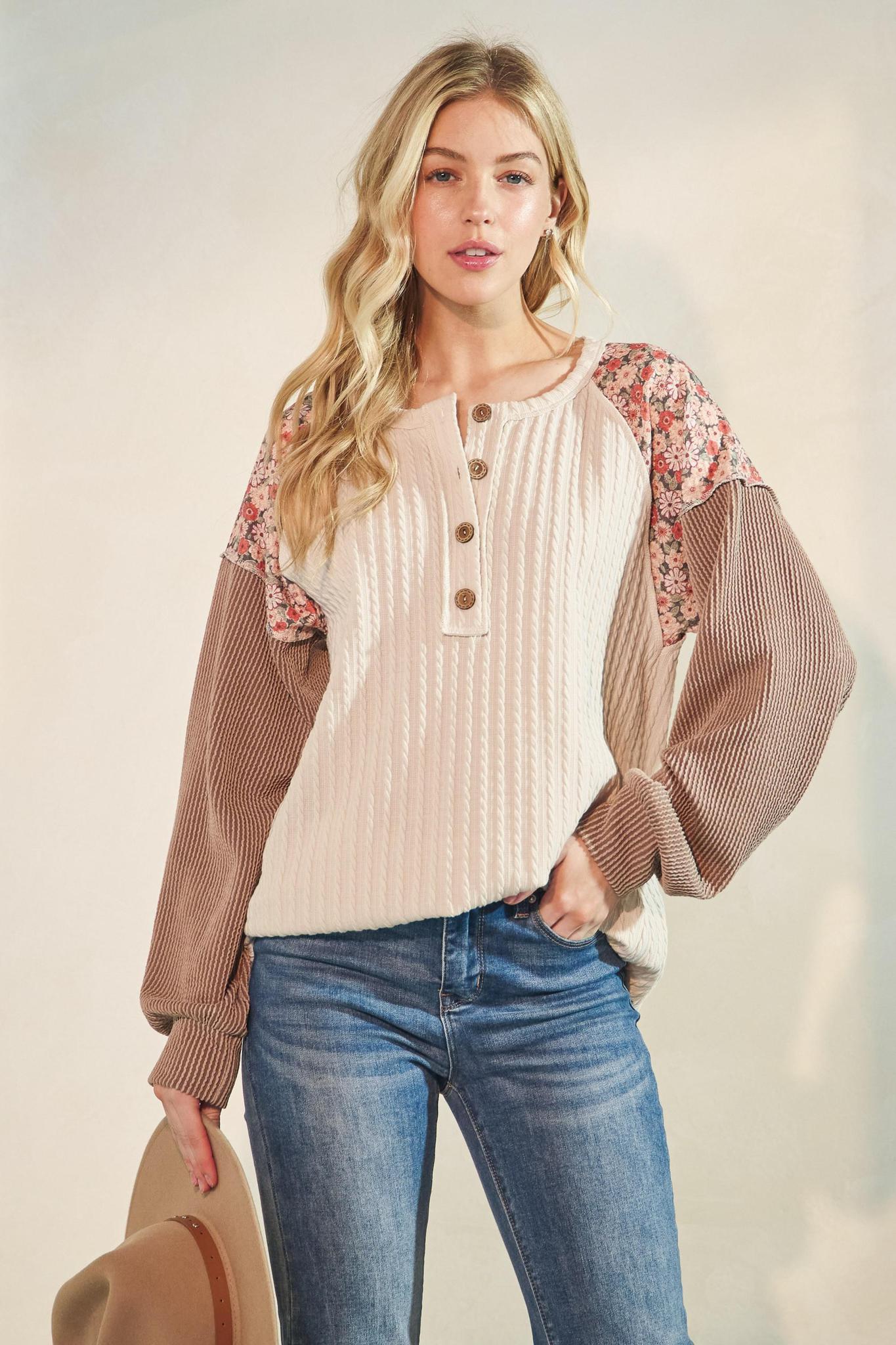 Long Sleeve Solid And Floral Contrast Top