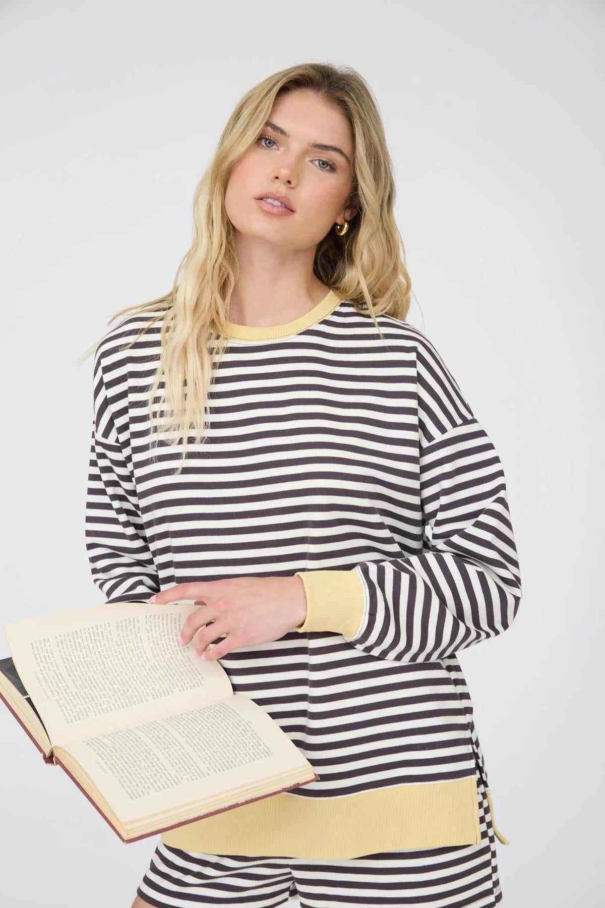 CHARCOAL BUTTER STRIPED BOXY LONG SLEEVE CONTRAST KNIT TOP