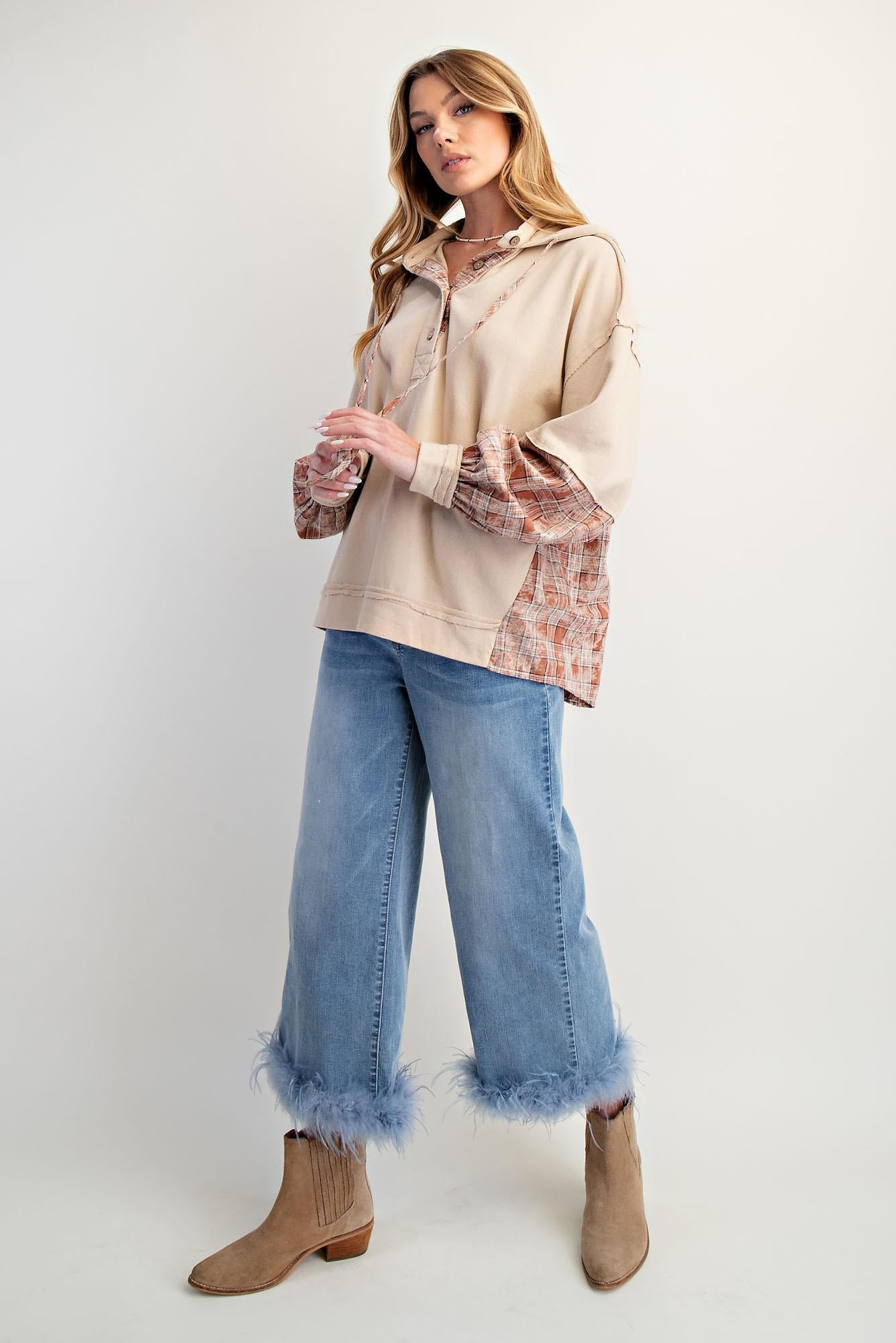 Beige Plaid Mix Henley Hoodie Pullover