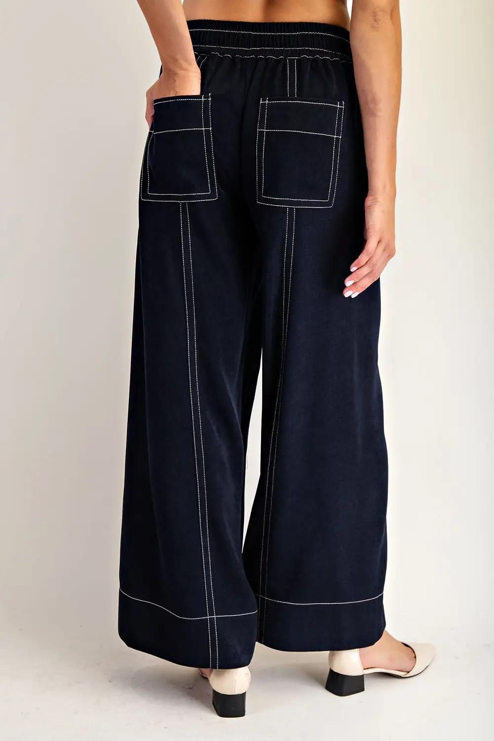 Soft Washed Contrast Stitch Wide Leg Pants