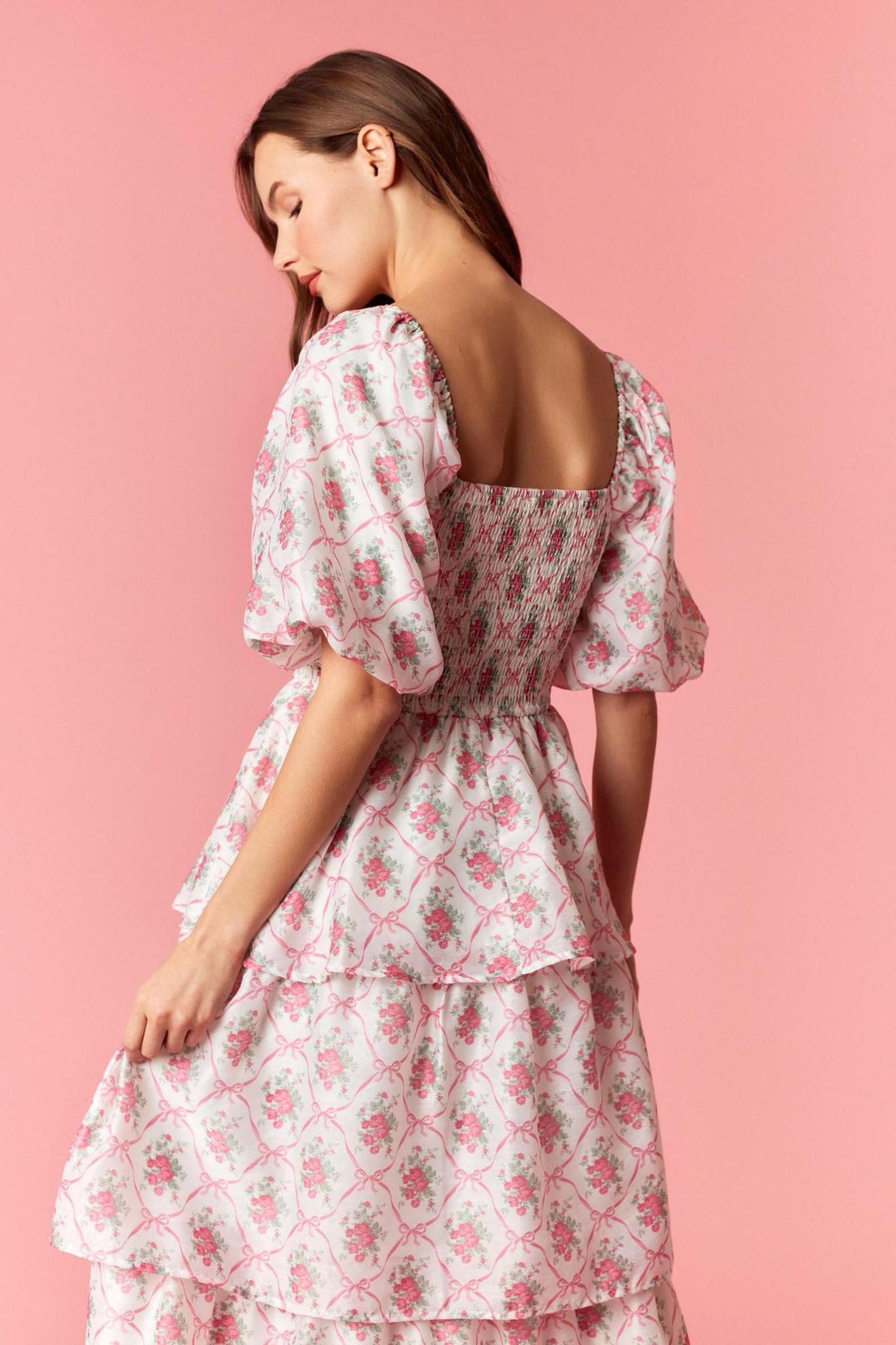 Floral Print Bubble Sleeve Tiered Midi Dress