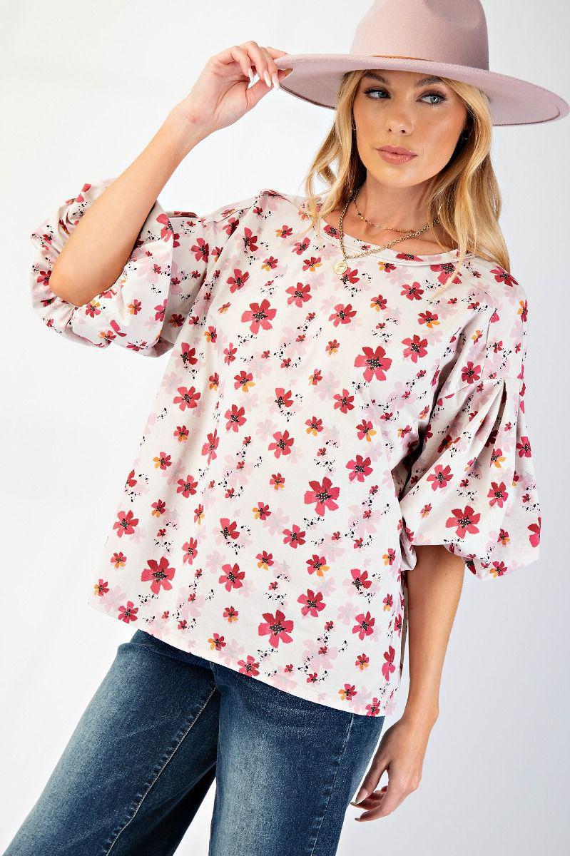 Lilac Floral Bubble Sleeve Blouse