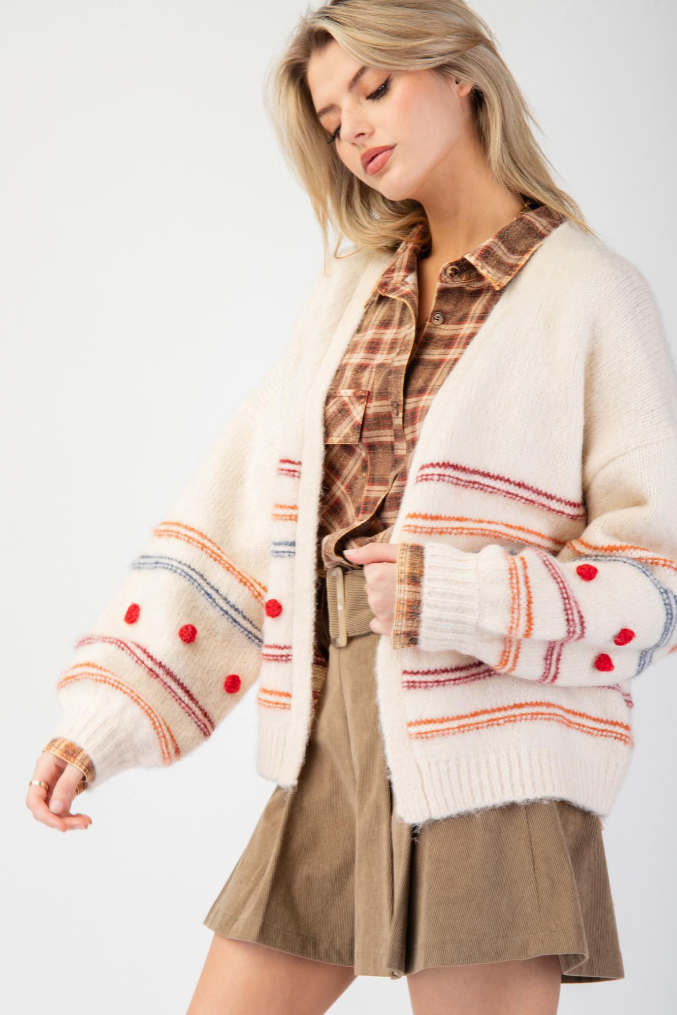 Pompom Stripe Knit Sweater Cardigan