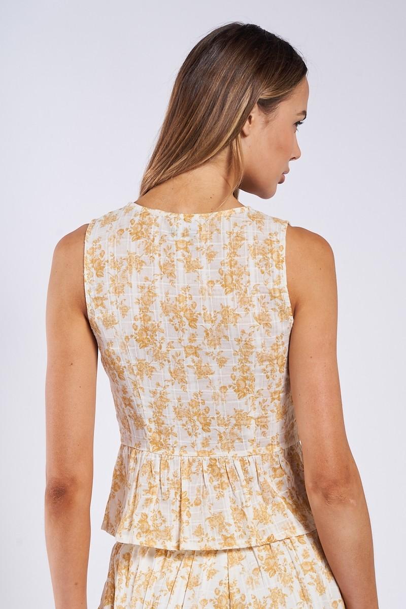 Pale Floral Print Tripe Ties Vest Style Top - Yellow