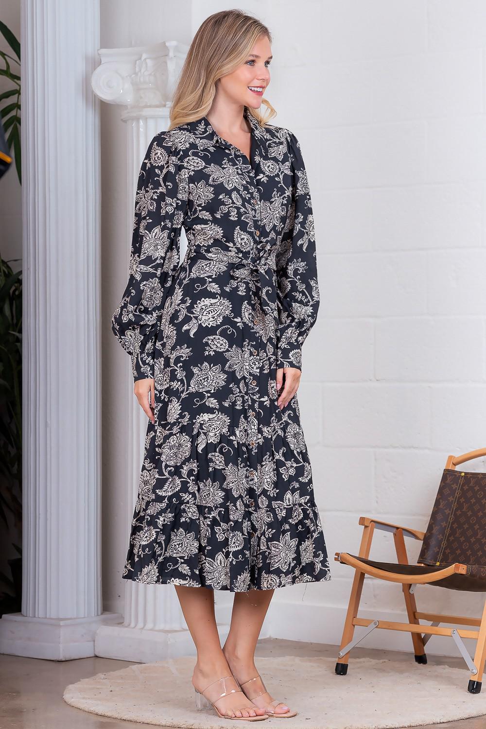 Paisley Floral Button-up With Self Tie Belt Dress