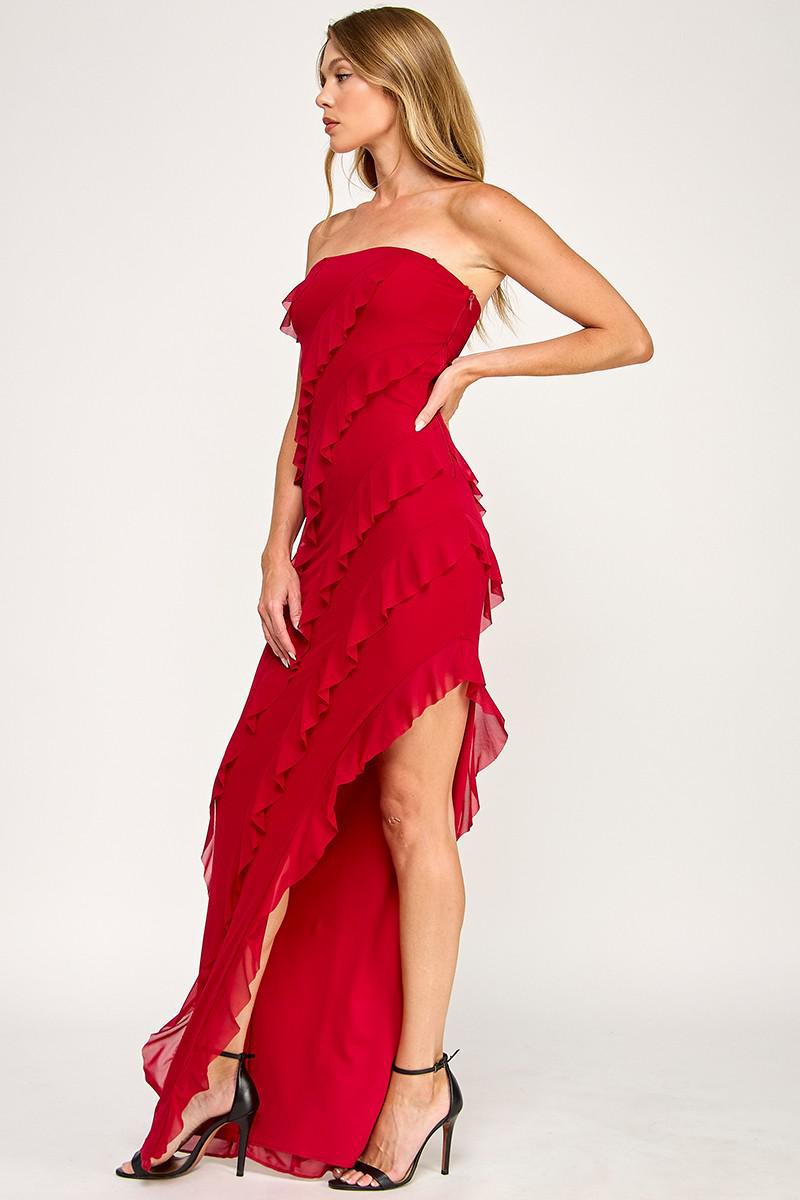 Red Tube Mesh Frilled Slit Side Dress