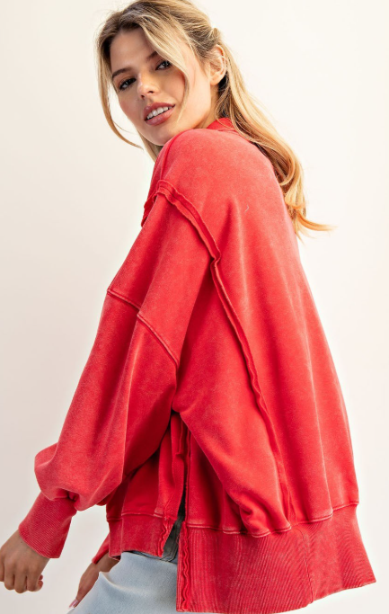 Red Snow Washed Long Sleeve Pull Over