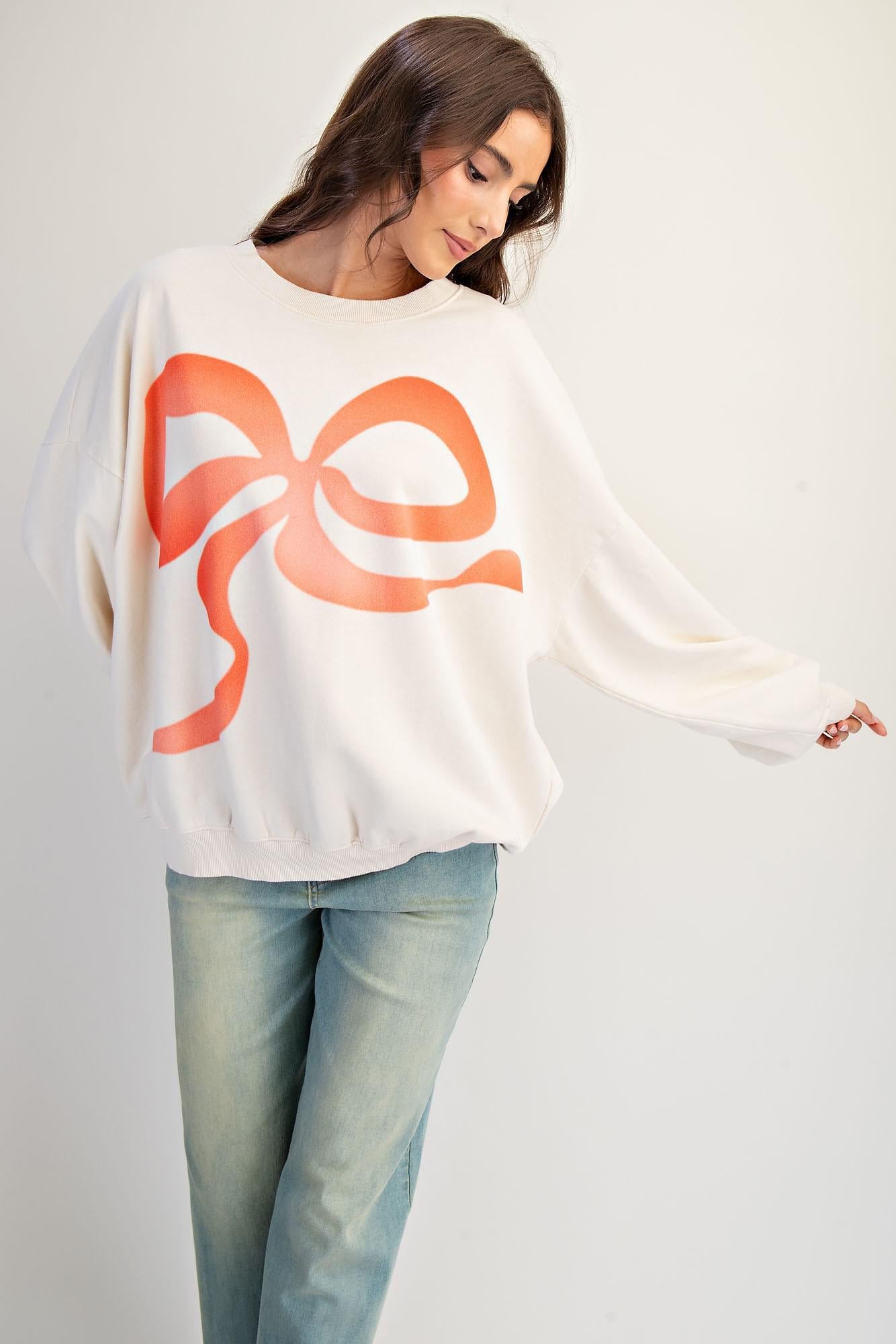 Bow Print Front Washed Terry Pullover
