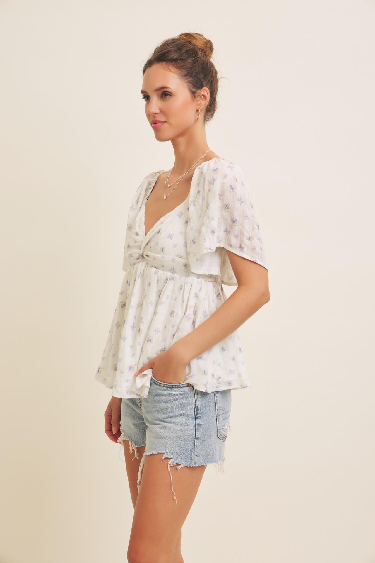 Sheer Crinkled Floral Blouse Knotted Front