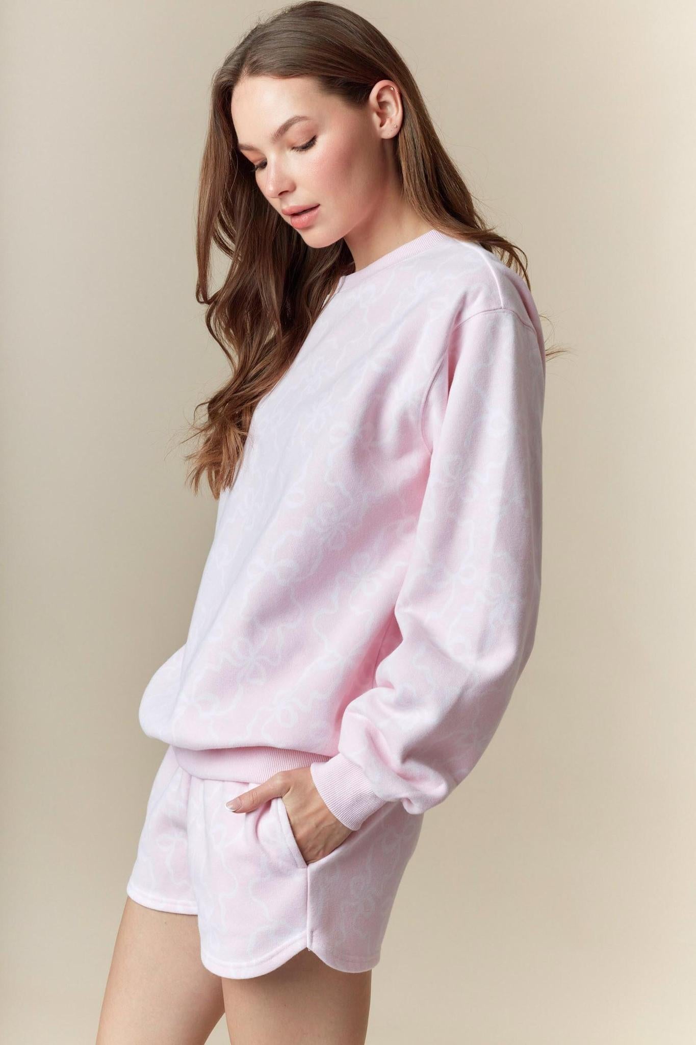 Bow Printed Fleece Terry Sweatshirt