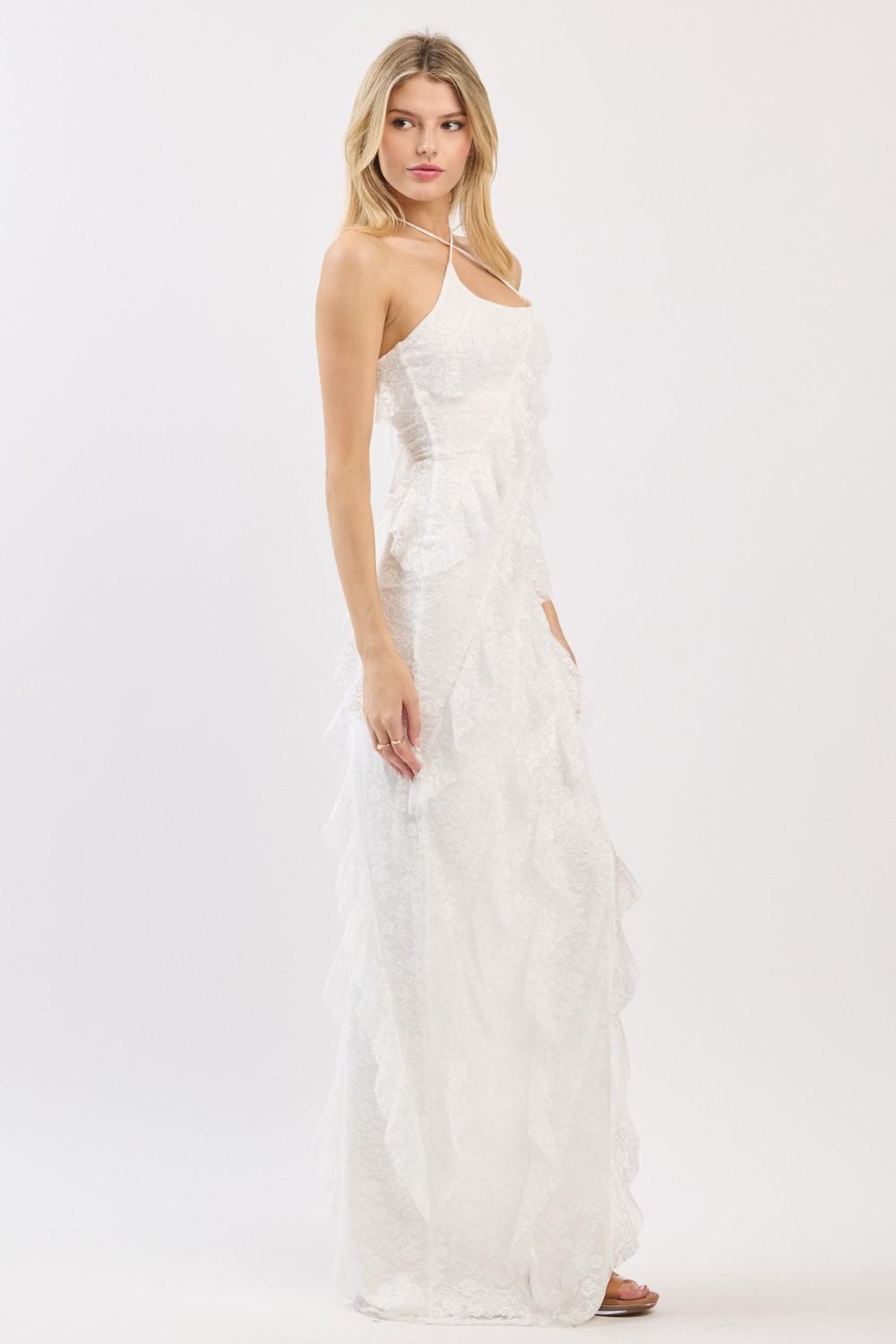 White Lace Halter Neck Ruffle Maxi Dress