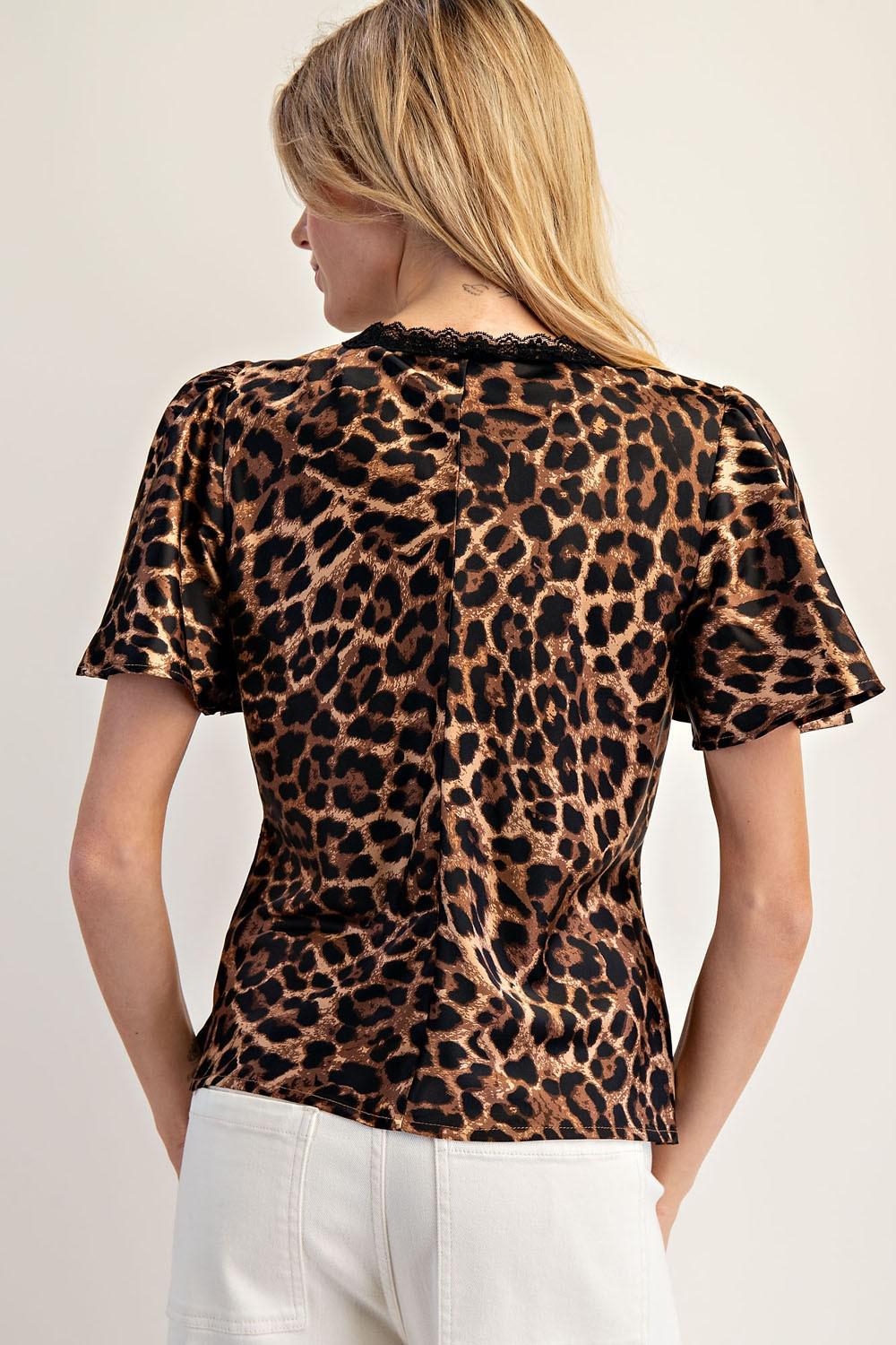 Leopard V-neck Flutter Sleeve Top