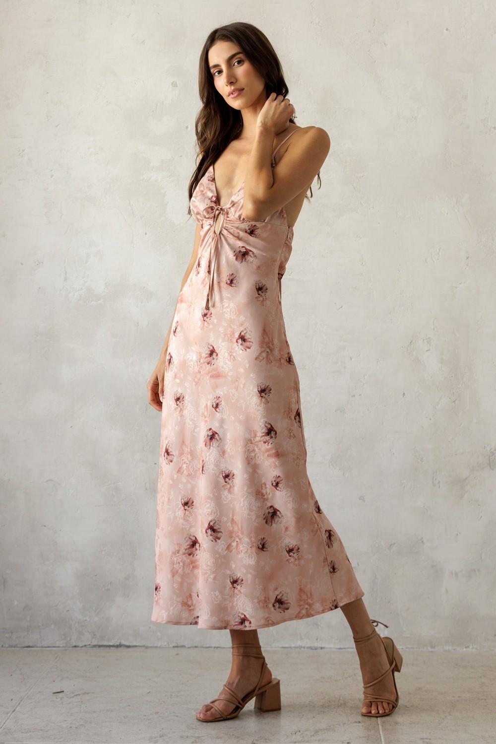 Rose Mauve Satin Floral Tie Front Midi Dress