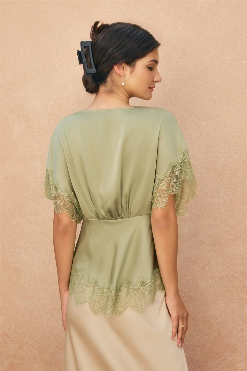 Dull Satin Lace Blouson Top - Sage