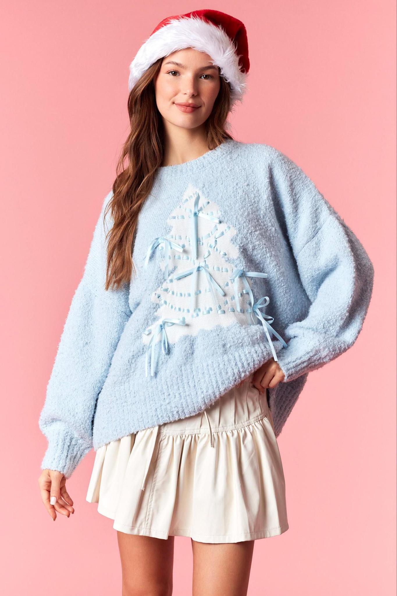 Christmas Tree Sweater W/ Satin Bow Detail